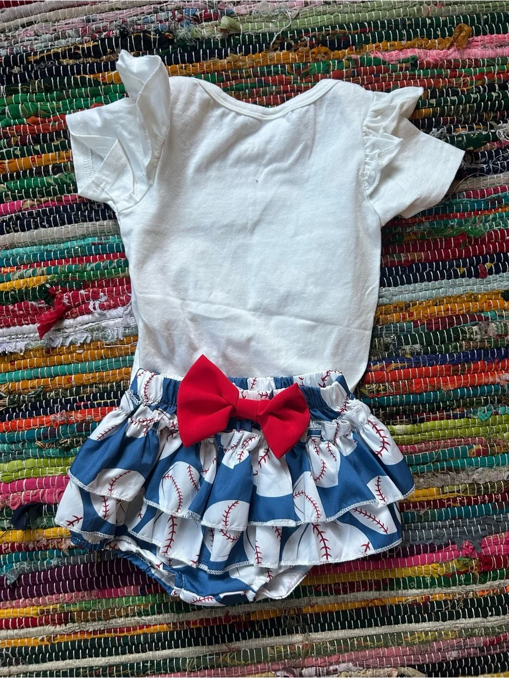 Little Sister Biggest Fan Baseball Ruffle Outfit with Red Bow Bloomers 6-12 MOS